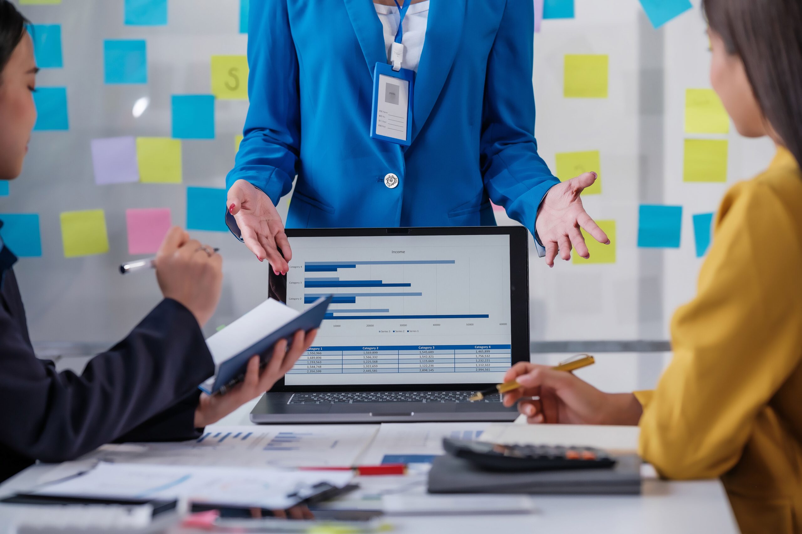 Business board and asian woman with presentation